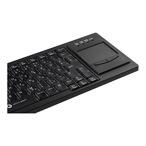Schwarze Computertastatur mit integriertem Touchpad auf der rechten Seite, deutsche Tastenbelegung.