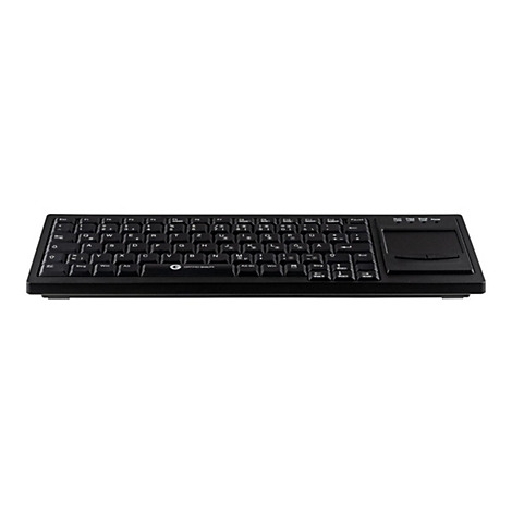 Schwarze Tastatur mit integriertem Touchpad auf weißem Hintergrund.