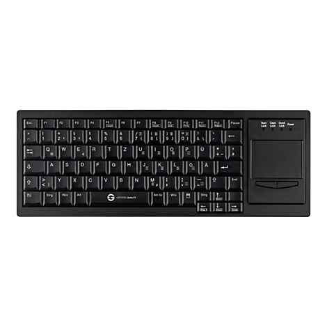 Schwarze kompakte Computertastatur mit deutschem QWERTZ-Layout und integriertem Touchpad auf der rechten Seite.
