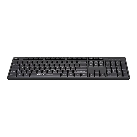 Schwarze Tastatur mit deutschem QWERTZ-Layout und GETT-Logo auf weißem Hintergrund.