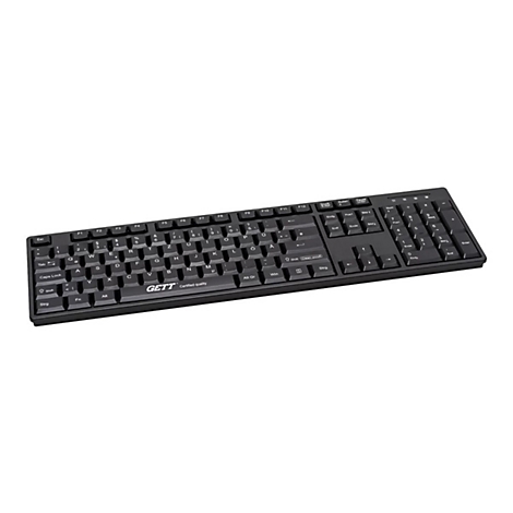 Schwarze, wasserdichte GETT Tastatur mit deutschem QWERTZ-Layout vor weißem Hintergrund.