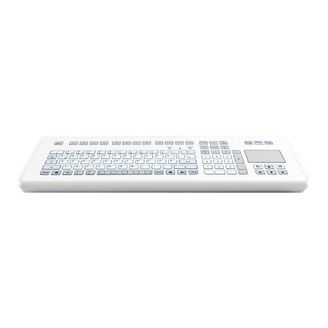 Weiße, flache Hygienetastatur mit integriertem Touchpad auf weißem Hintergrund.