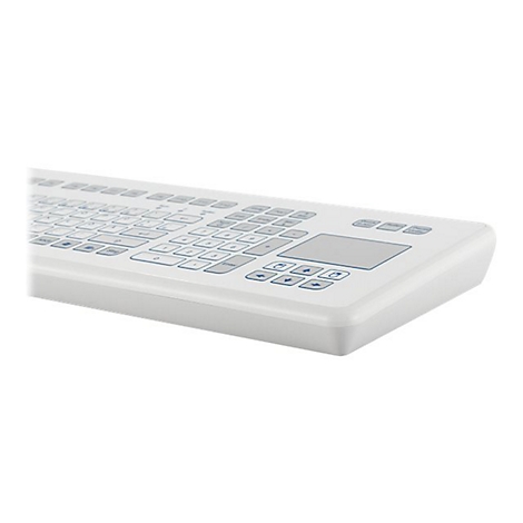 Weiße, flache Hygienetastatur mit integriertem Touchpad und blauer Beschriftung auf weißem Hintergrund.