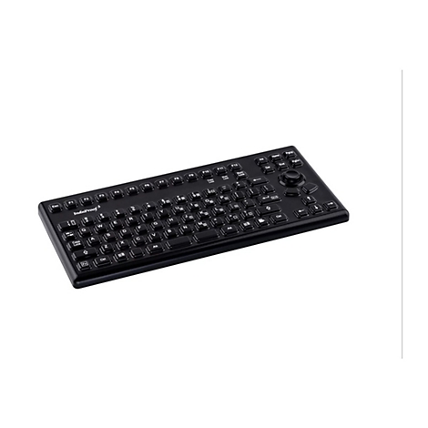 Schwarze, robuste Industrietastatur InduProof 3 mit integriertem Trackball auf weißem Hintergrund.