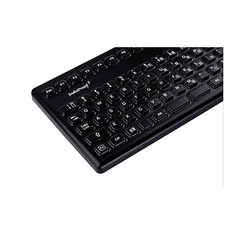 Schwarze Industrie-Tastatur InduProof 3 mit QWERTZ-Layout auf weißem Hintergrund.