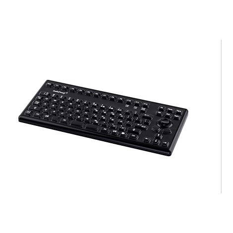 Schwarze, robuste Industrie-Tastatur mit integriertem Maus-Trackball vor weißem Hintergrund.