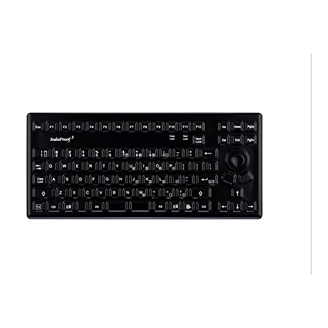 Schwarze, wasserdichte InduProof 3 Kompakt-Tastatur mit integriertem Trackball auf weißem Hintergrund.