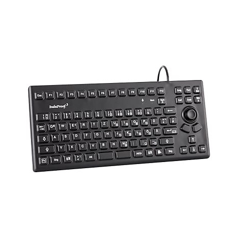 Schwarze, robuste Industrie-Tastatur InduProof 3 mit integriertem Trackball auf weißem Hintergrund.