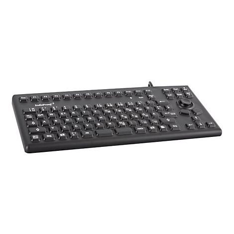 Schwarze, wasserdichte Industrietastatur mit integriertem Trackball vor weißem Hintergrund.