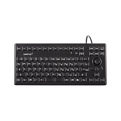 Schwarze, robuste InduProof 3 Tastatur mit integriertem Trackball vor weißem Hintergrund.