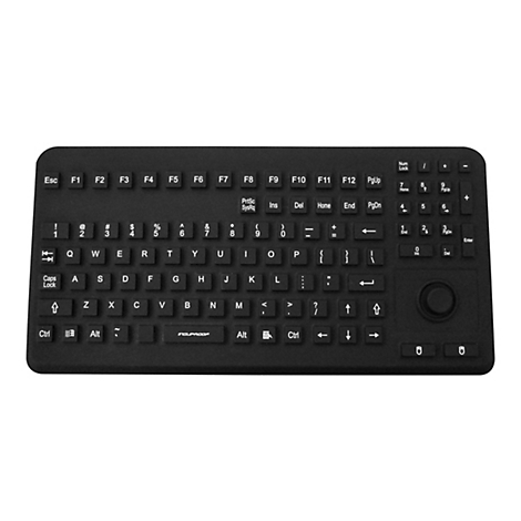 Schwarze, wasserdichte Silikontastatur mit integriertem Maus-Trackball vor weißem Hintergrund.