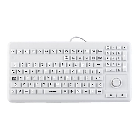 Weiße, robuste Tastatur mit integriertem Trackball und abgerundeten Tasten vor neutralem Hintergrund.