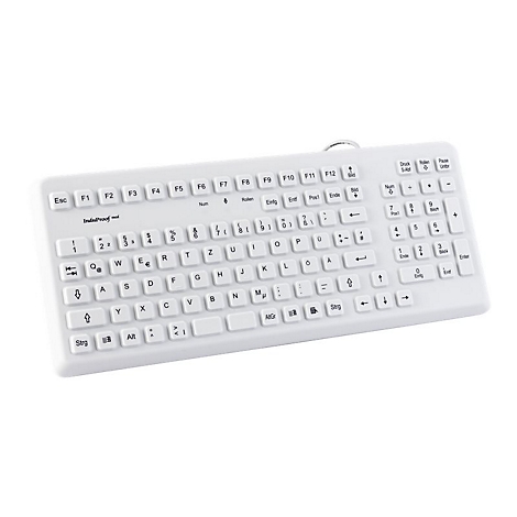 Weiße, hygienische InduProof med Tastatur mit flachen, abgedichteten Tasten für medizinische Umgebungen.