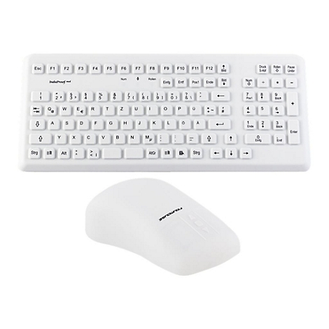 Weiße InduProof-Tastatur mit zugehöriger weißer Computermaus vor neutralem Hintergrund.