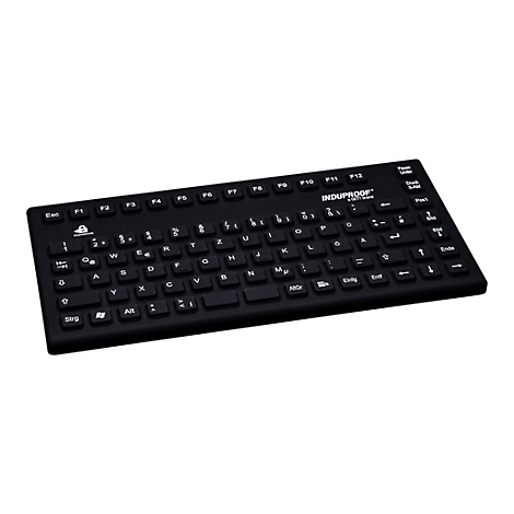 Schwarze, robuste Induproof-Tastatur mit deutschem Layout vor neutralem Hintergrund.