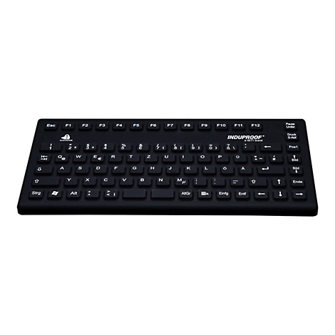 Schwarze, flache Induproof-Tastatur mit deutschem Layout auf weißem Hintergrund.