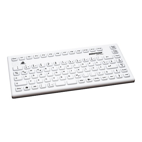 Weiße, flache Induproof-Tastatur mit deutschem Layout auf weißem Hintergrund.