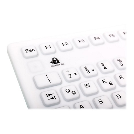Nahaufnahme einer weißen Silikon-Tastatur mit Fokus auf die obere linke Ecke inklusive Clean-Mode-Taste.