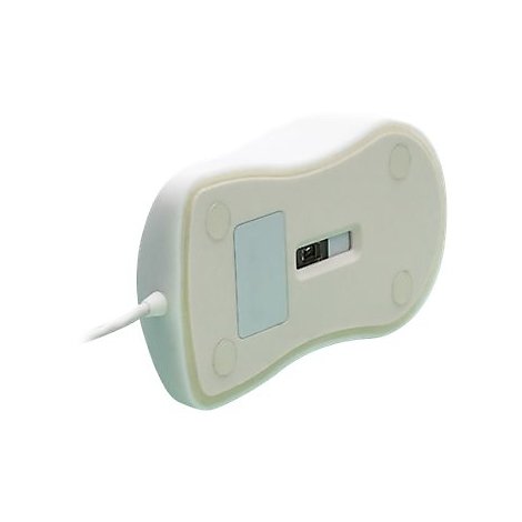 Unterseite einer weißen Computermaus mit Kabel auf weißem Hintergrund.