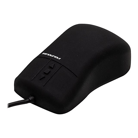Schwarze, ergonomische InduMouse Kabel-Computermaus mit integrierten Tasten auf weißem Hintergrund.