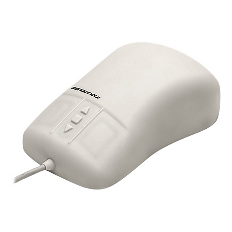 Hellgraue, kabelgebundene Industriemaus mit flachen Tasten und integriertem Touchpad.