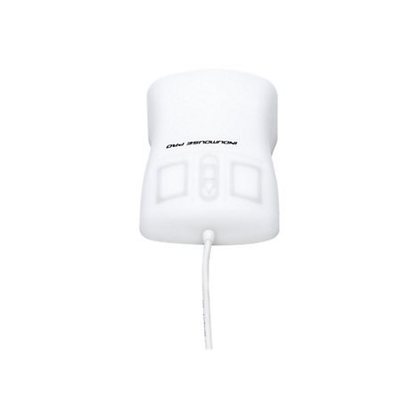 Weiße, kabelgebundene Computermaus Indumouse Pro mit zwei Tasten und zentralem Scroll-Bereich vor weißem Hintergrund.