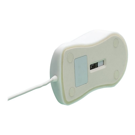 WeiÃŸe Maus, Unterseite. Sichtbar sind GleitfÃ¼ÃŸe, Kabel und Schalter.
