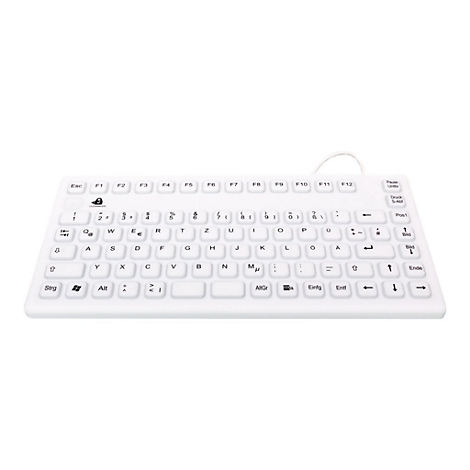 Weiße, flache Hygiene-Tastatur mit deutschem QWERTZ-Layout auf neutralem Hintergrund.