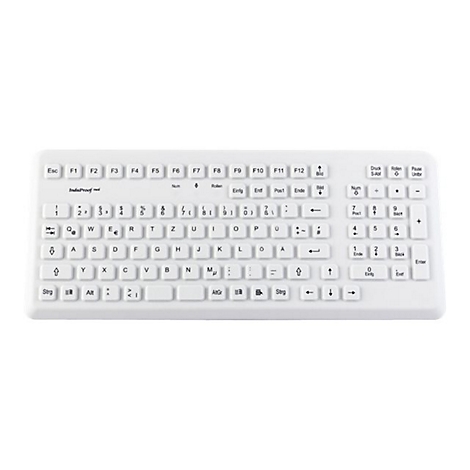 Weiße, hygienische InduProof Tastatur mit deutschem Layout vor neutralem Hintergrund.