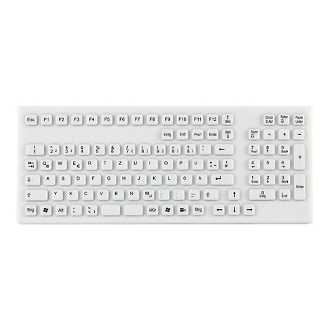 Weiße, kompakte Tastatur mit deutschem QWERTZ-Layout und flachen Tasten vor weißem Hintergrund.