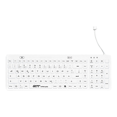 Weiße, wasserdichte Tastatur mit deutschem Layout und Kabelanschluss vor weißem Hintergrund.
