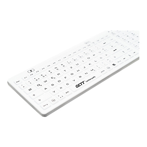 Weiße, flache Hygiene-Tastatur mit GETT-Logo auf weißem Hintergrund.
