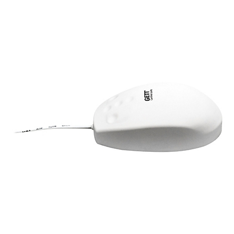 Weiße, versiegelte Computermaus von GETT mit Kabel vor neutralem Hintergrund.