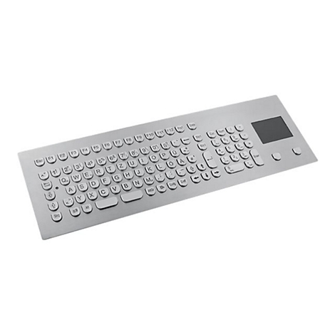 Industrie-Tastatur aus Edelstahl mit integriertem Touchpad und QWERTZ-Layout auf weißem Hintergrund.