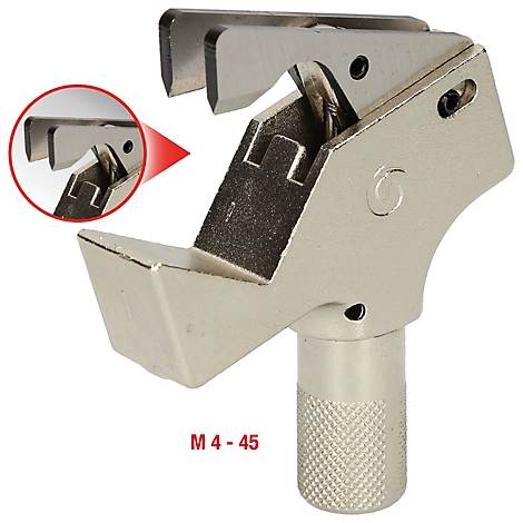 Metallwerkzeug mit scharfen Klingen und einer Detailansicht. Aufschrift "M 4 - 45".
