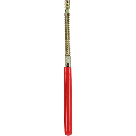 Ein roter Stift mit metallischen Elementen. Der obere Teil ist geriffelt, der untere Teil rot.