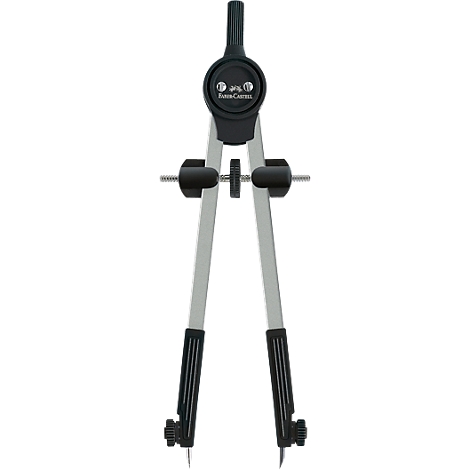 Compass with black handles and metallic legs. Top: „Force Control“. Bottom: two sharp tips.