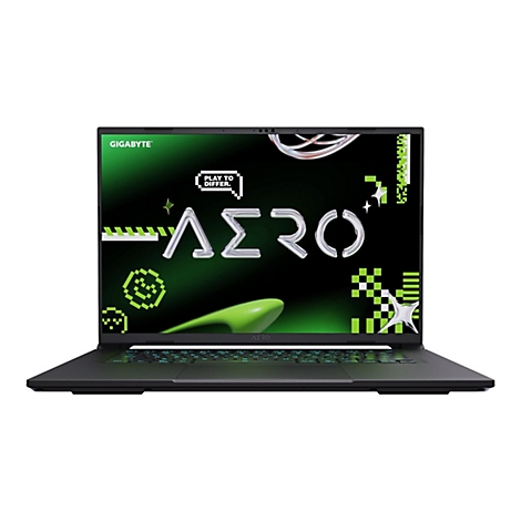 Schwarzer Laptop, Display mit "AERO"-Schriftzug und grünen Akzenten, Marke Gigabyte.