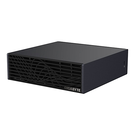 Schwarzes Gigabyte Gehäuse mit markantem, wellenförmigem Frontgitter auf weißem Hintergrund.