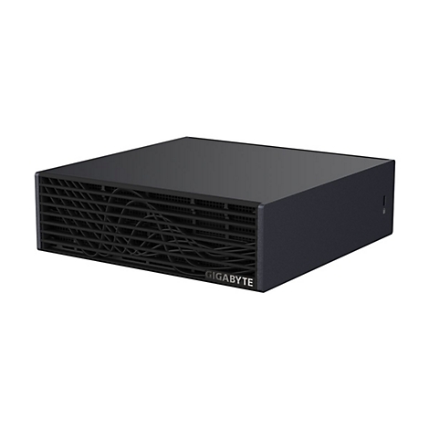Schwarzer Gigabyte Mini-PC mit gerippter Frontblende und Firmenlogo vor weißem Hintergrund.