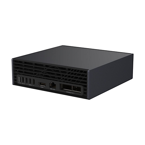 Schwarzer Mini-PC mit Anschlüssen für USB-C, HDMI, 10G-LAN und ConnectX-1 auf weißem Hintergrund.