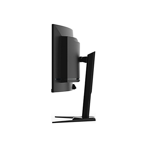 Schwarzer Monitor im Profil, mit Standfuß. Sichtbar sind Details der Gehäuseform und des Stands.