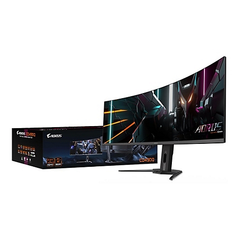 Ein Gaming Monitor von Aorus CJ49DQ mit gebogenem Bildschirm und Produktverpackung. Auf dem Bildschirm ist ein Roboter abgebildet.