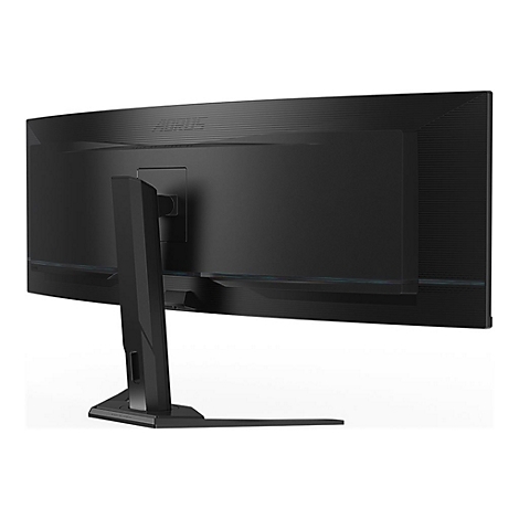 Schwarzer, gebogener Bildschirm von hinten mit Standfuß. Die Rückseite hat Rillen. Der Standfuß ist kantig.