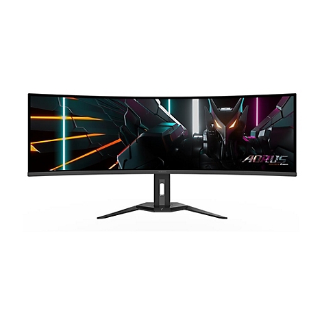 Gebogener Gaming-Monitor mit schwarzem Ständer und AORUS-Logo.