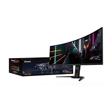 Ein gebogener AORUS-Gaming-Monitor mit Zubehör und Verpackung. Der Monitor zeigt ein futuristisches Grafikdesign.