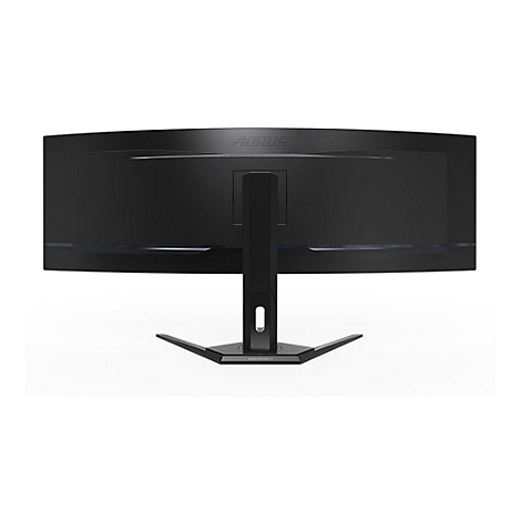 Ein schwarzer, gebogener Monitor, Rückansicht. Der Monitor steht auf einem schwarzen Fuß, der an den Seiten spitz zuläuft.