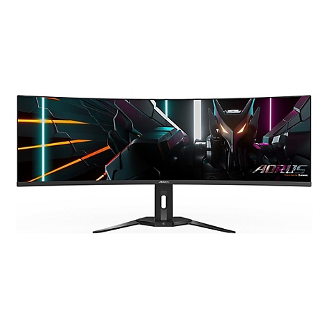 Ein schwarzer, gebogener AORUS-Monitor auf einem weißen Hintergrund. Der Bildschirm zeigt ein futuristisches Design mit Schriftzug.