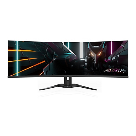 Ein gebogener Gaming-Monitor, der das AORUS-Logo zeigt. Das Display zeigt eine futuristische Grafik.