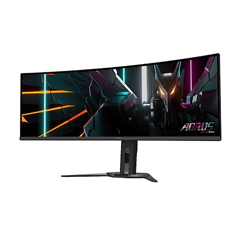 Ein ultrabreiter AORUS Gaming-Monitor mit futuristischem Roboter-Hintergrundbild vor weißem Hintergrund.